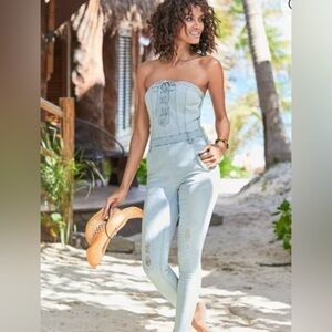 Venus Denim Strapless Lace Up Jumpsuit Size 2